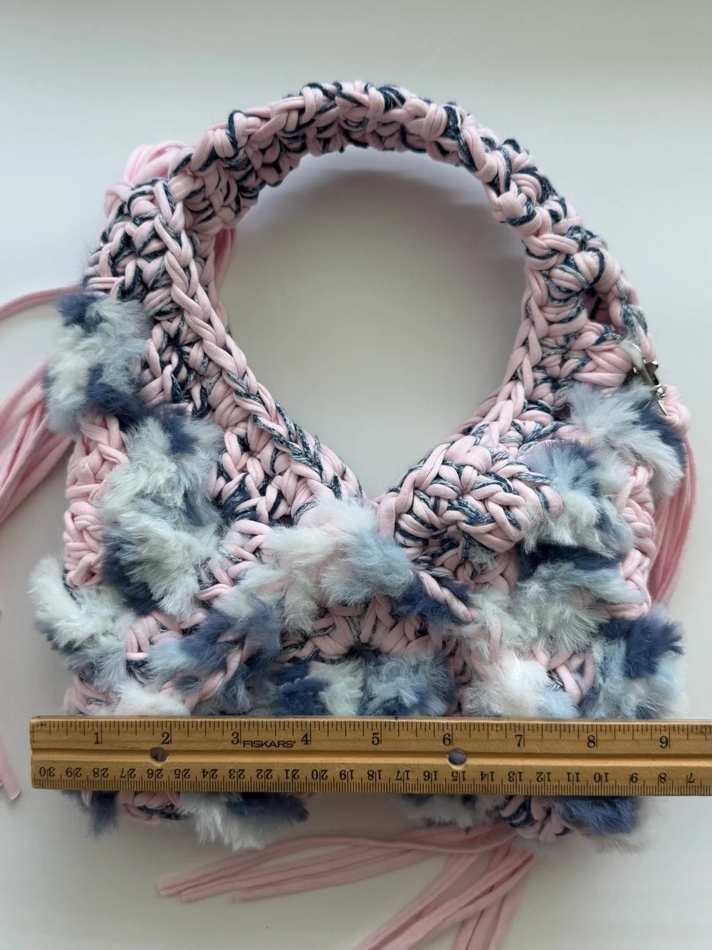 The TRIANGLE Crochet Top-Handle Bag — Pink & Blue with Fringe